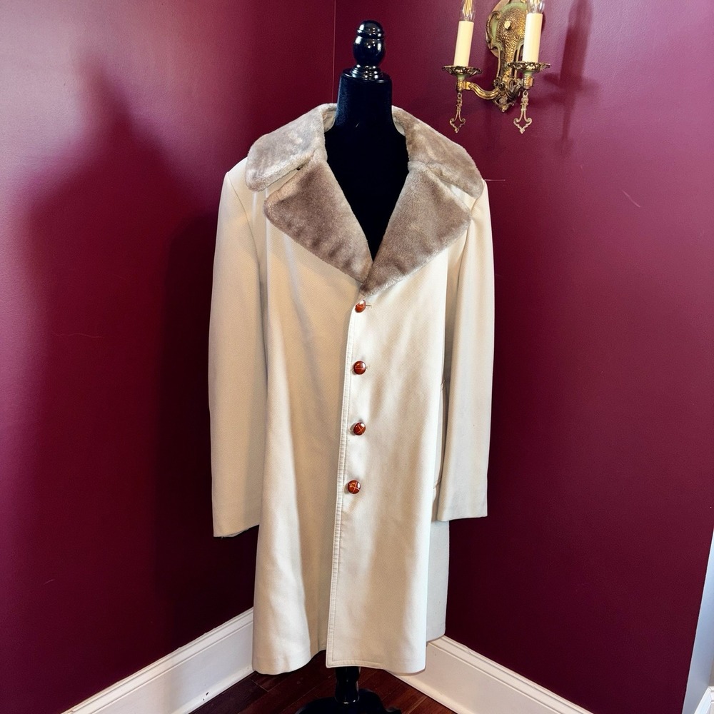 VTG 70s 1970s London Fog Trench Coat Faux Fur Collar & Lining Men Sz XL 48L